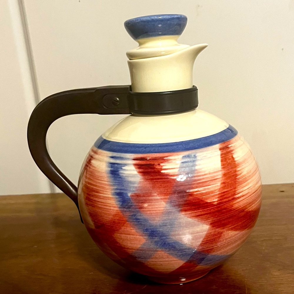 RARE Vintage Vernon Kilns Calico Pitcher with Wooden Handle Hand Painted CA